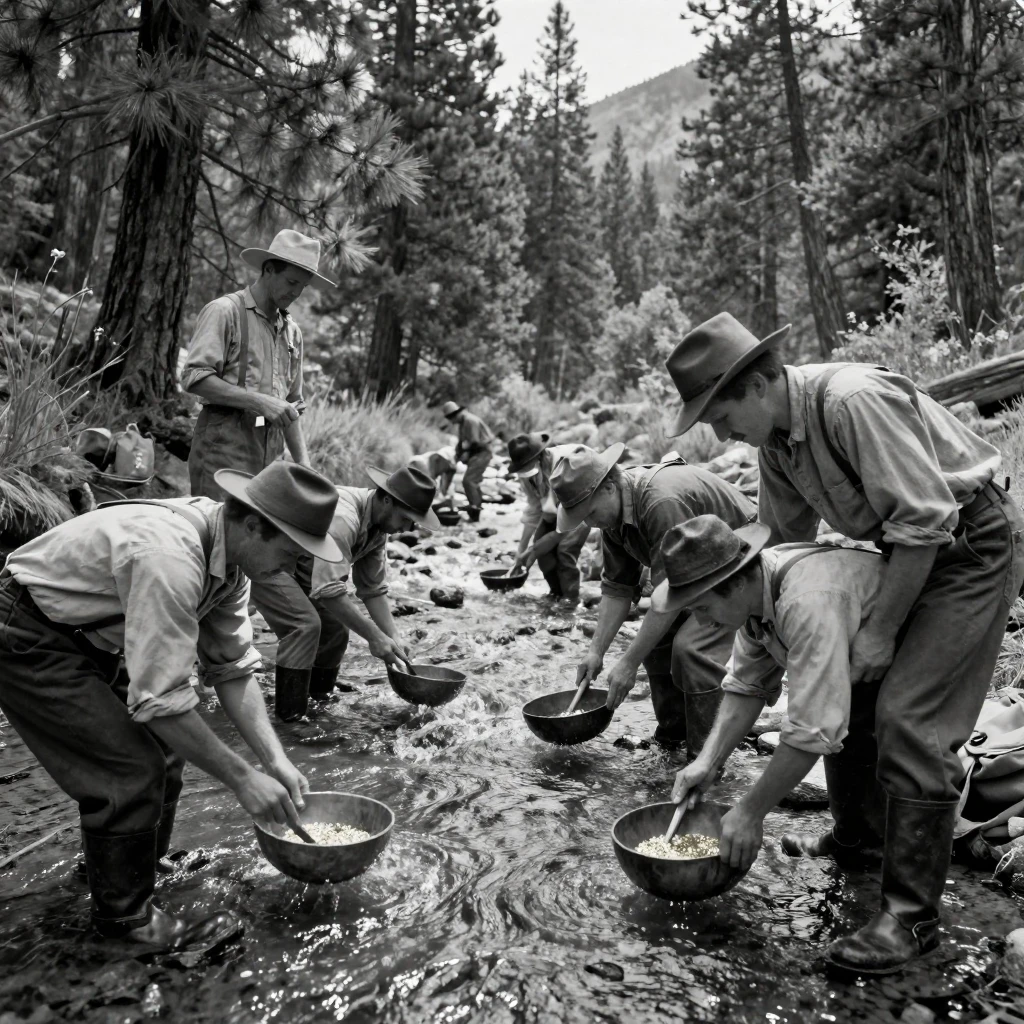 A group of miners pans for gold in a mountain stream beneath towering pine forest.