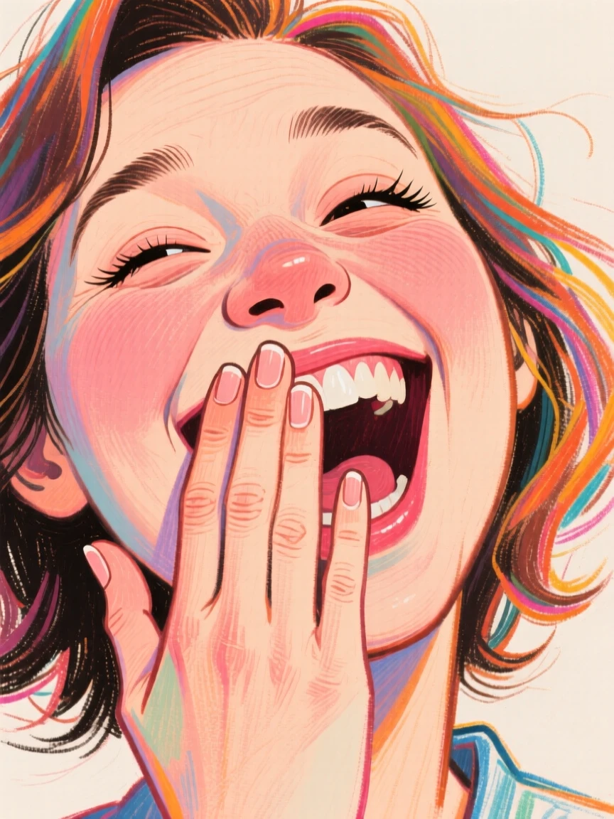 A woman laughing so hard she's snorting, hand clapped over her mouth.