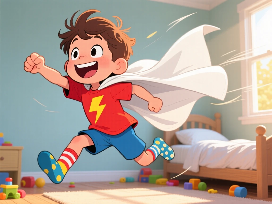 A playful childhood moment of a little boy pretending to be a superhero, cape made from a bedsheet fluttering behind him.
