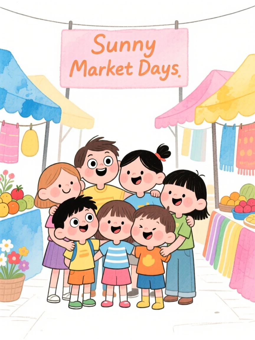 A tight group of childhood friends posing together at a colorful street market