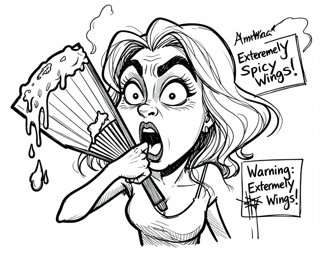 [Funny & Exaggerated Situations] Comical scene of a woman dramatically fanning her mouth after eating spicy wings, exaggerated for maximum laughs