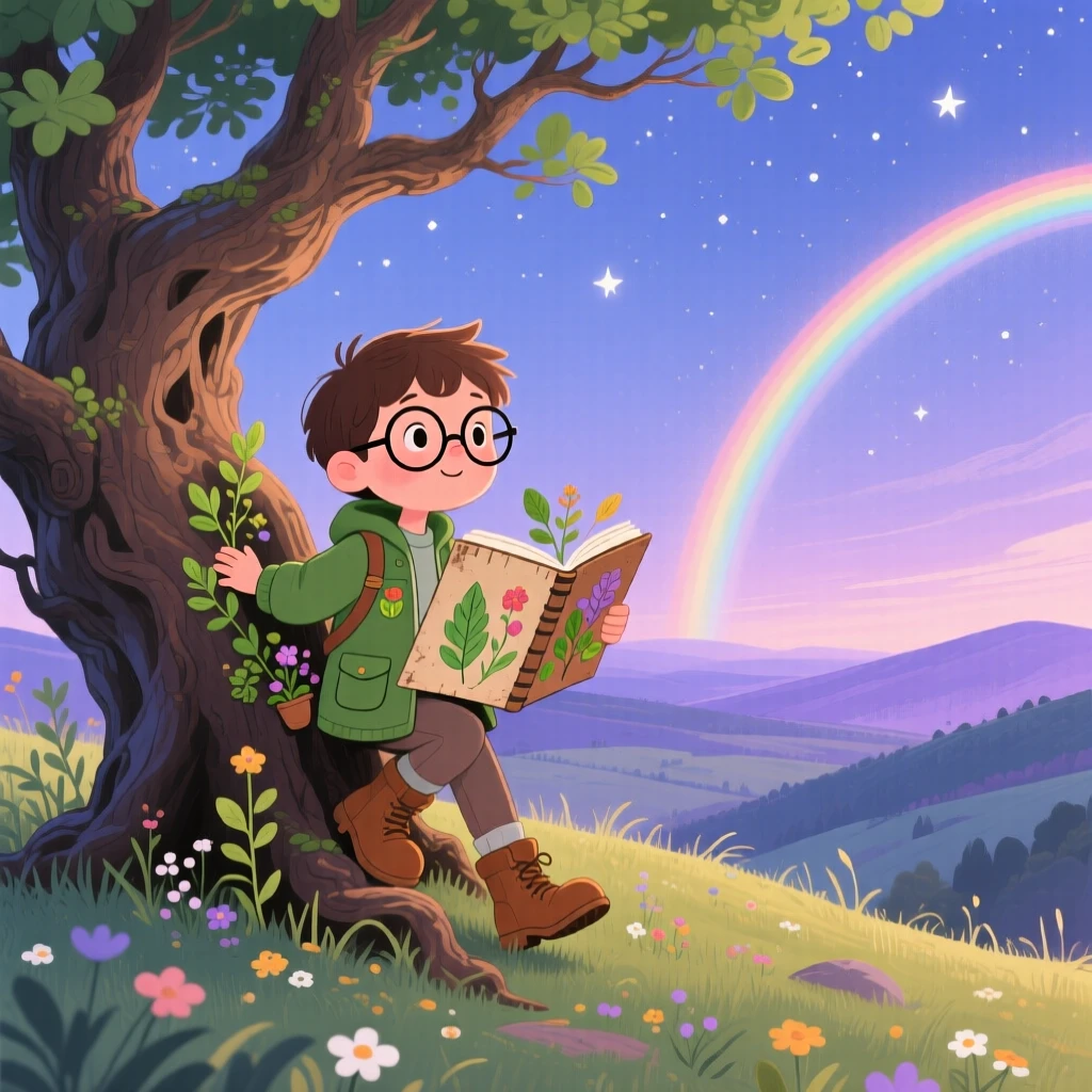 In a stargazing hilltop, a young botanist with a sketchbook is climbing an old oak tree to look at the view, while a rainbow arches faintly over the valley.