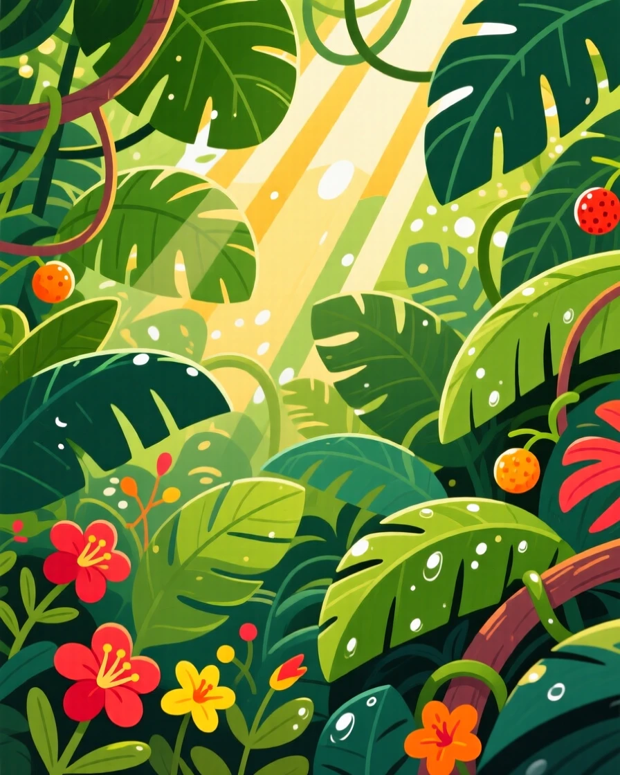 A dense jungle canopy with sunlight breaking through the leaves.