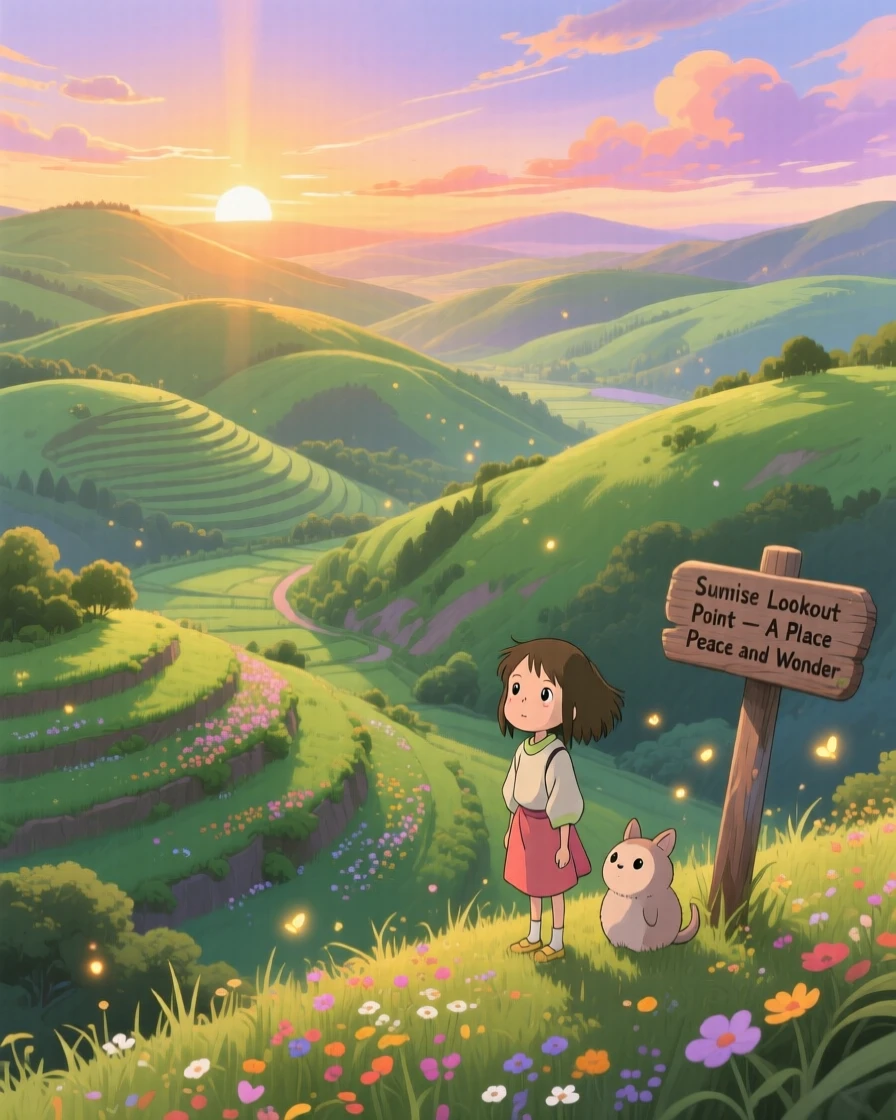A breathtaking view of a chain of rolling green hills, with gentle terraces stepping down toward a valley floor, at sunrise, viewed from a high vantage point.
