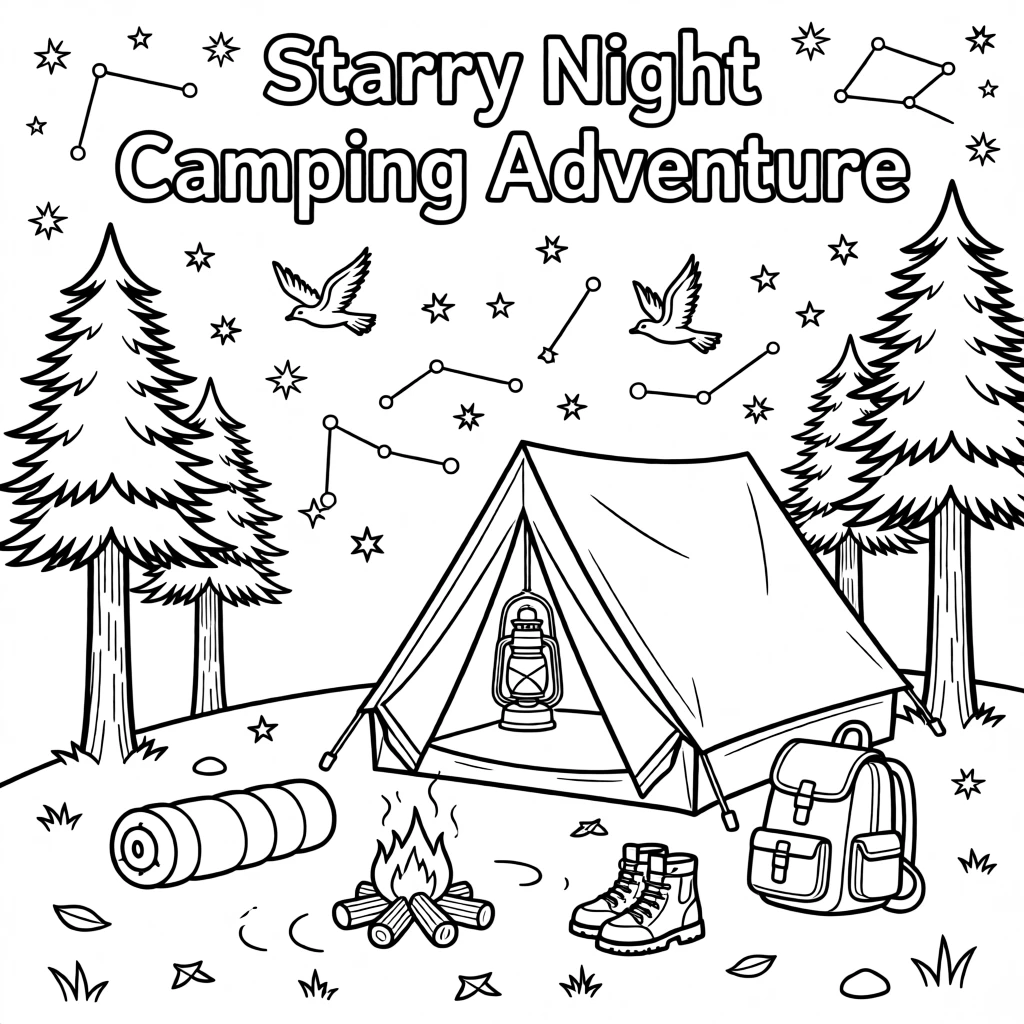 A tent glowing from lantern light beneath a starry sky, with birds circling high above the treetops.