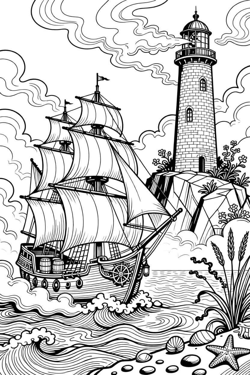 A ghostly ship sailing through fog toward a haunted lighthouse.
