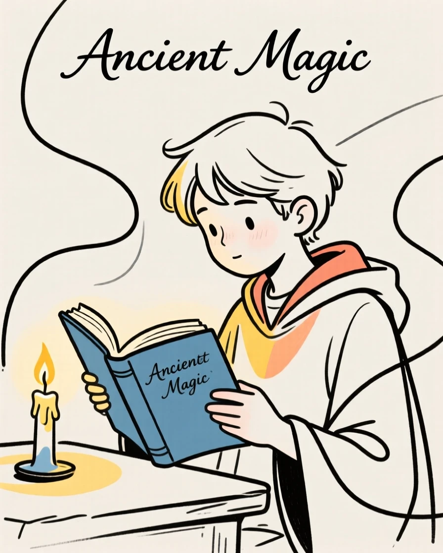 A young apprentice wizard reading a spellbook by candlelight.