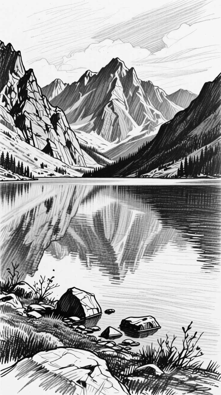 A tranquil alpine lake reflecting perfectly in still water below.