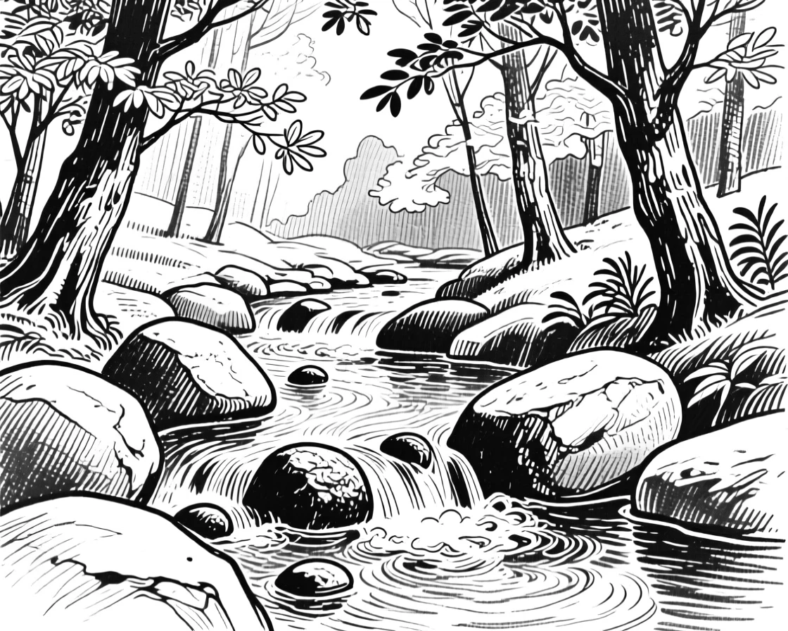 A tranquil forest stream trickling over smooth stones.
