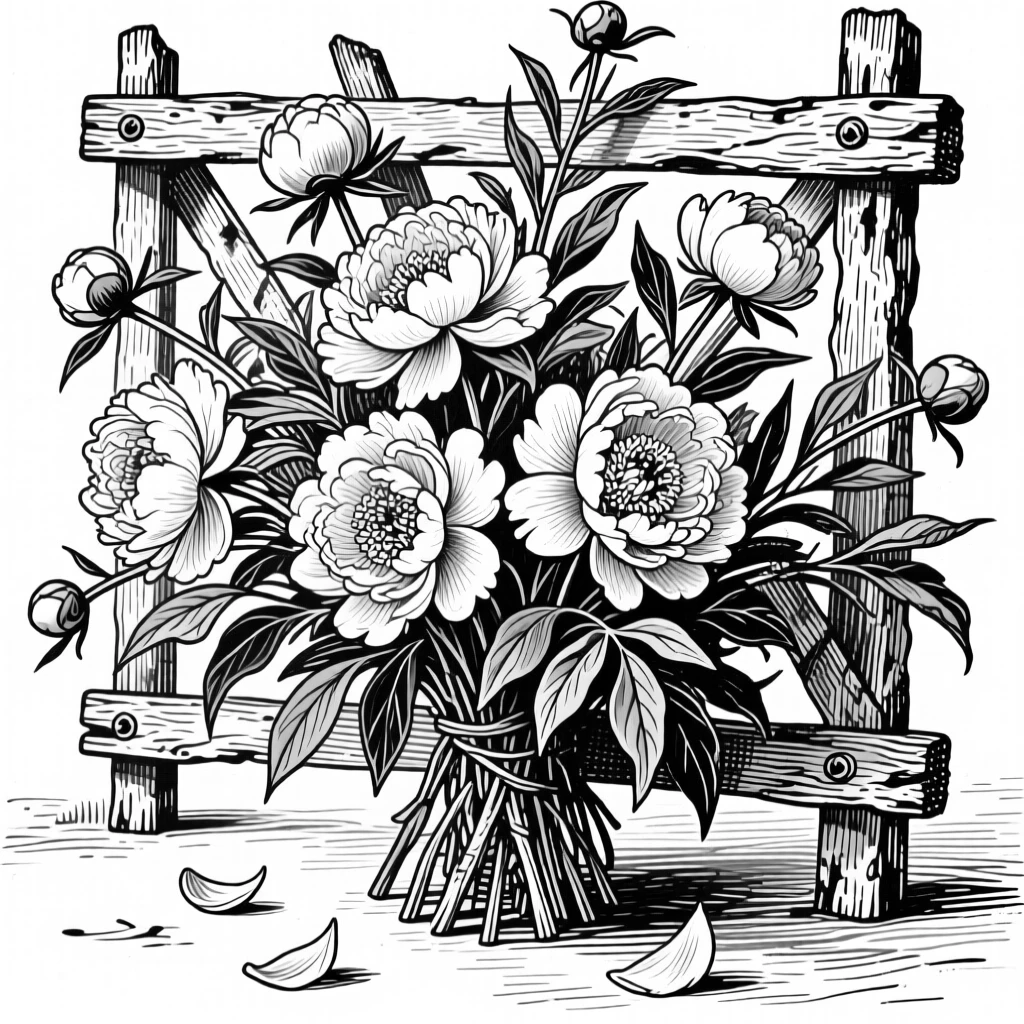 A bouquet of wild peonies climbing up a weathered trellis, with a few loose petals scattered below, composed in a lush and abundant still-life arrangement.