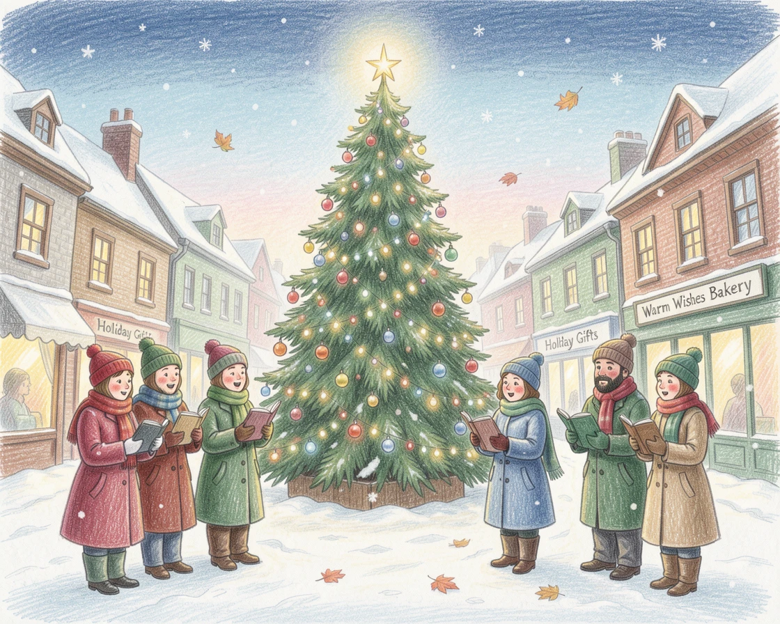 A snowy town square with a glowing Christmas tree and carolers, with gentle snowfall or falling leaves drifting through the scene, perfect for celebrating the beauty of the season.