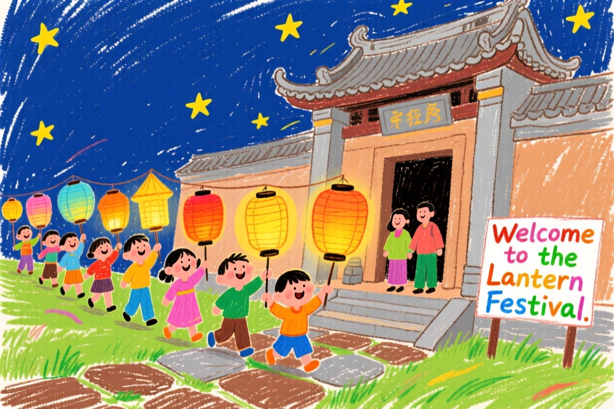 A lantern festival procession performing beside an ancient temple.