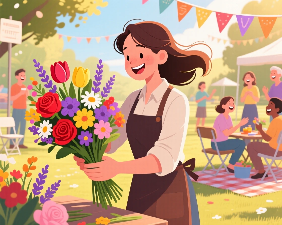 A florist arranging a bouquet of fresh colorful blooms, at a cheerful outdoor community gathering, framed with warm, natural lighting highlighting genuine emotion, with small joyful details like flying hair or bright laughter.