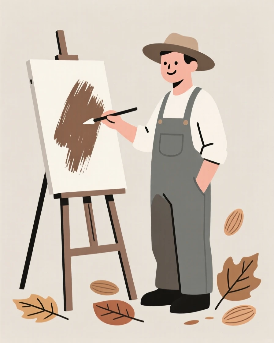 A portrait of a farmer painting on a canvas near scattered autumn leaves, filled with gentle happiness.