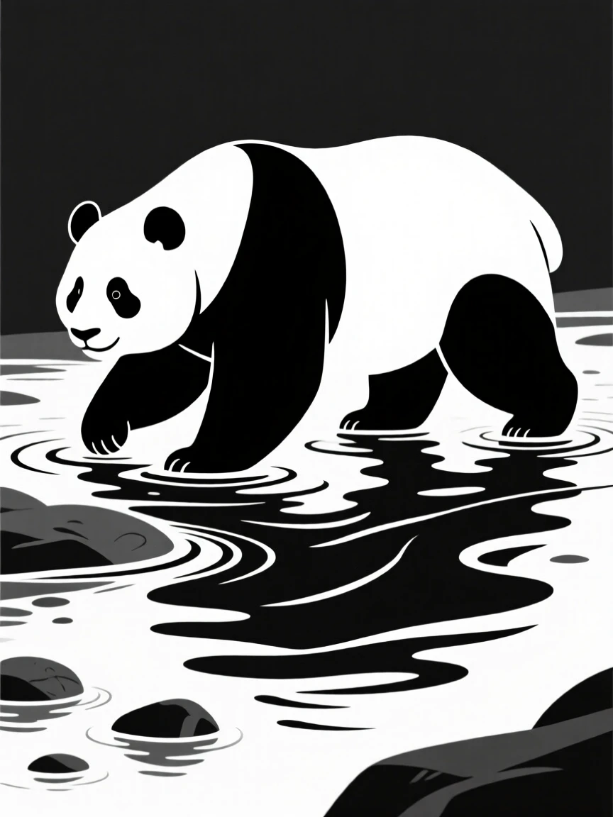 A giant panda crossing a shallow river.