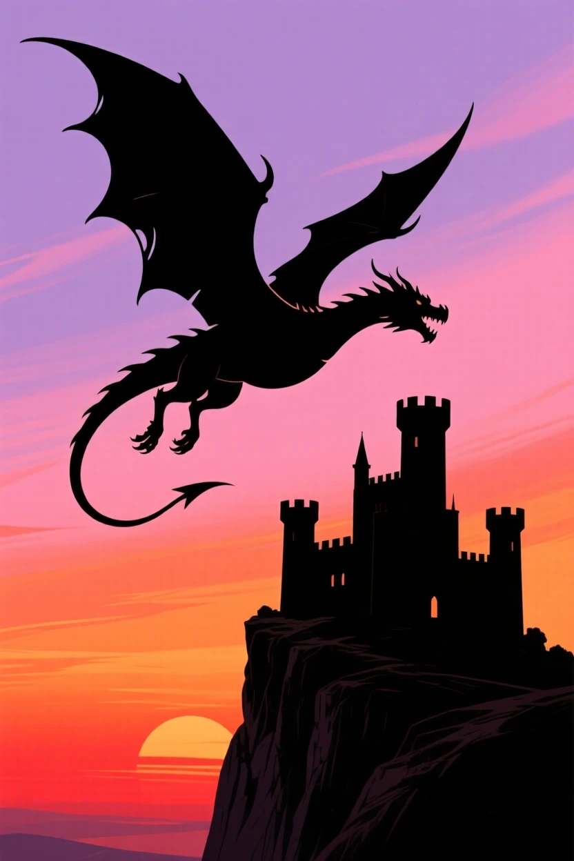 A dragon soaring in a wide arc above a distant castle perched on a cliffside.