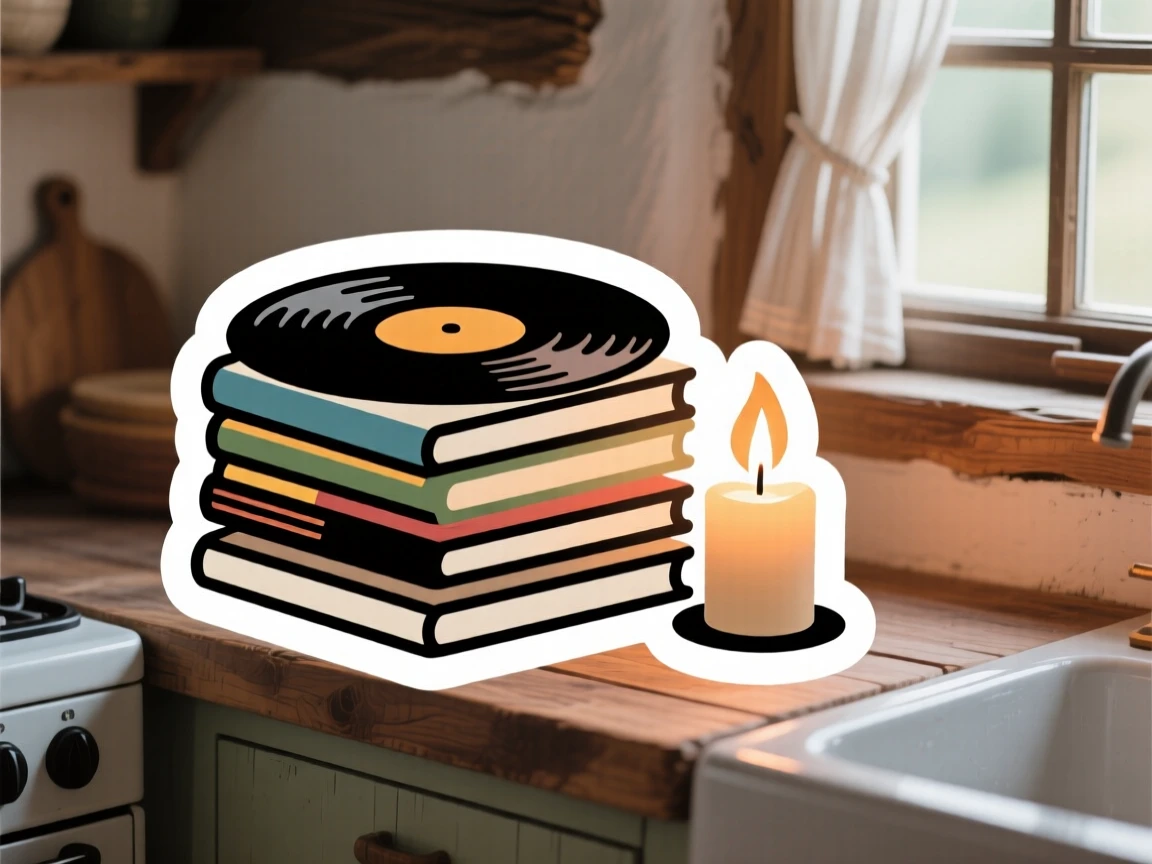 A softly lit stack of vinyl records, placed next to a lit candle, in a cozy cottage kitchen.