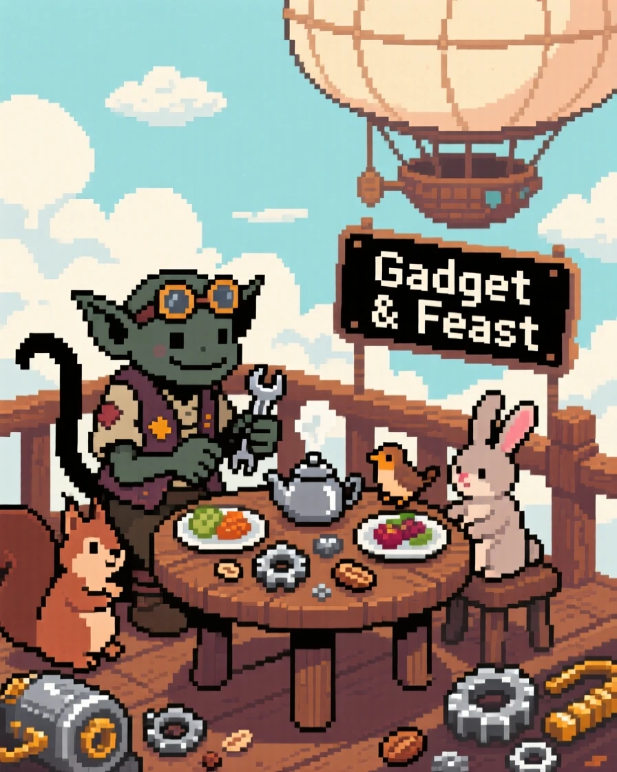 A kobold tinkering with gadgets sharing a meal with woodland creatures, on the deck of an airship among the clouds.