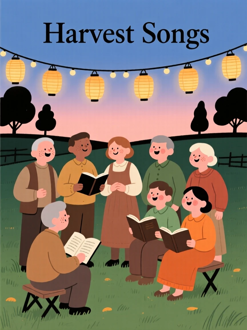 A community gathers in the village green for a harvest celebration, singing old songs beneath strings of paper lanterns as evening falls.