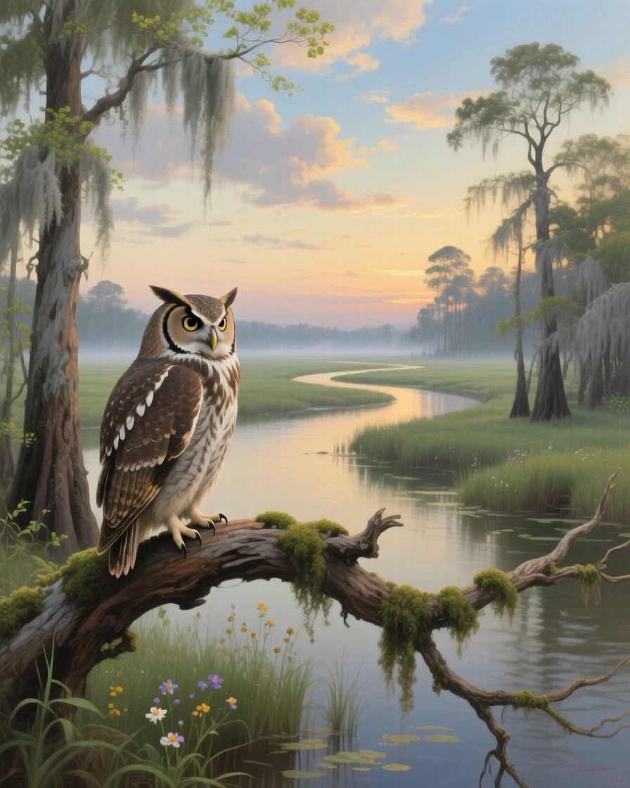 A broad landscape view of a curious owl perched on a moss-covered branch at dusk, in the Louisiana bayou, in early spring, beneath drifting clouds.