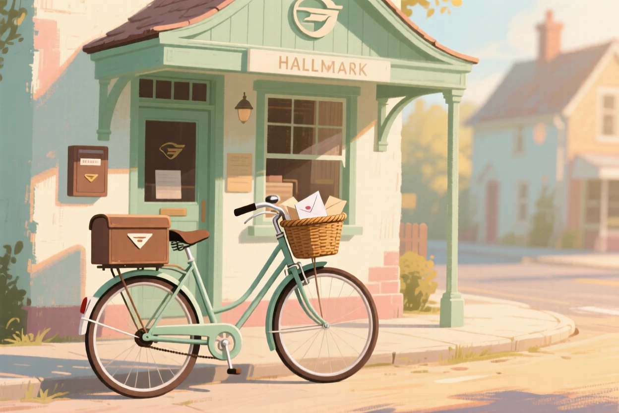 A vintage mail delivery bicycle parked outside a village post office