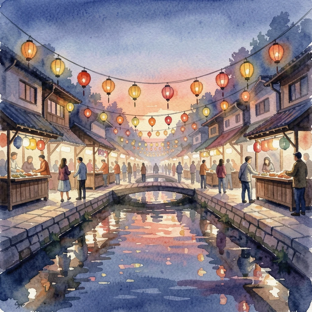 A bustling night market strung with lanterns as lanterns are lit at dusk with reflections shimmering in the water below.