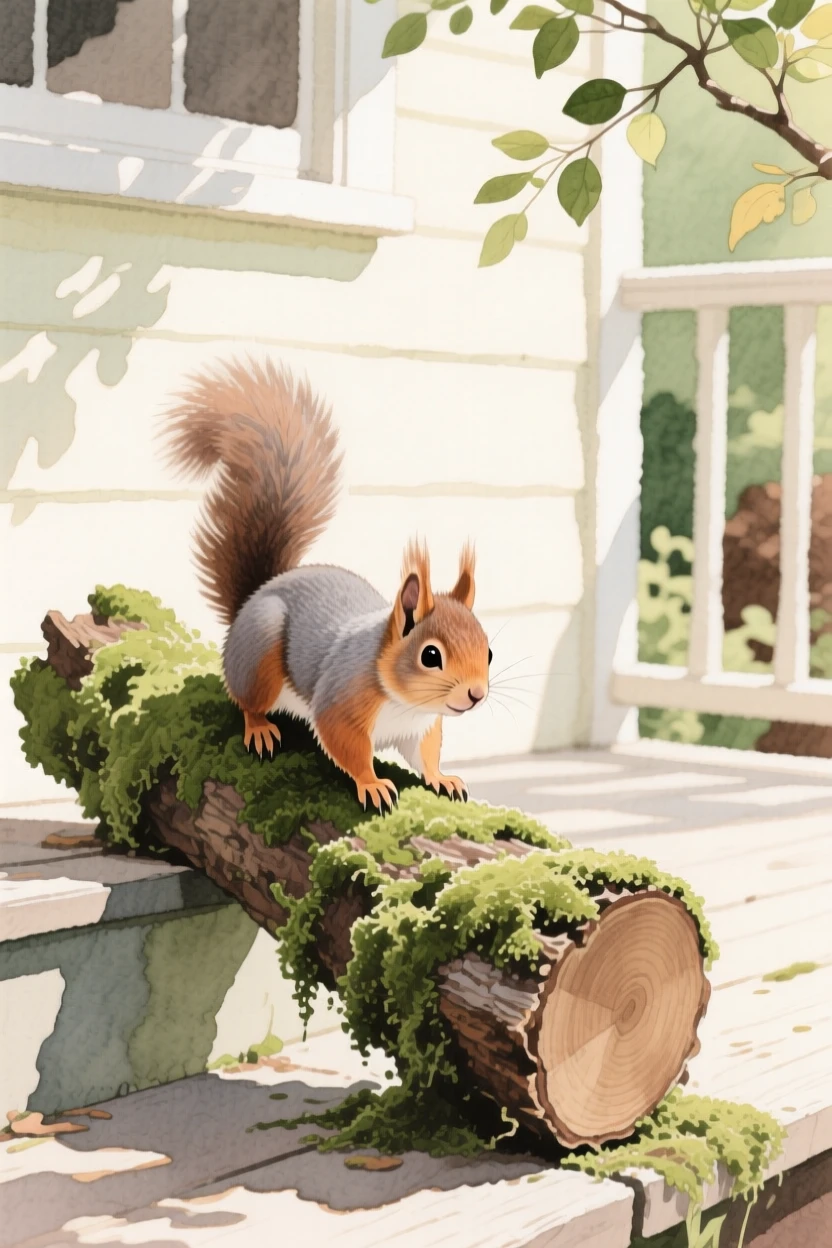 A baby squirrel climbs over a mossy log in a sunlit cottage porch, while soft light filters through nearby leaves