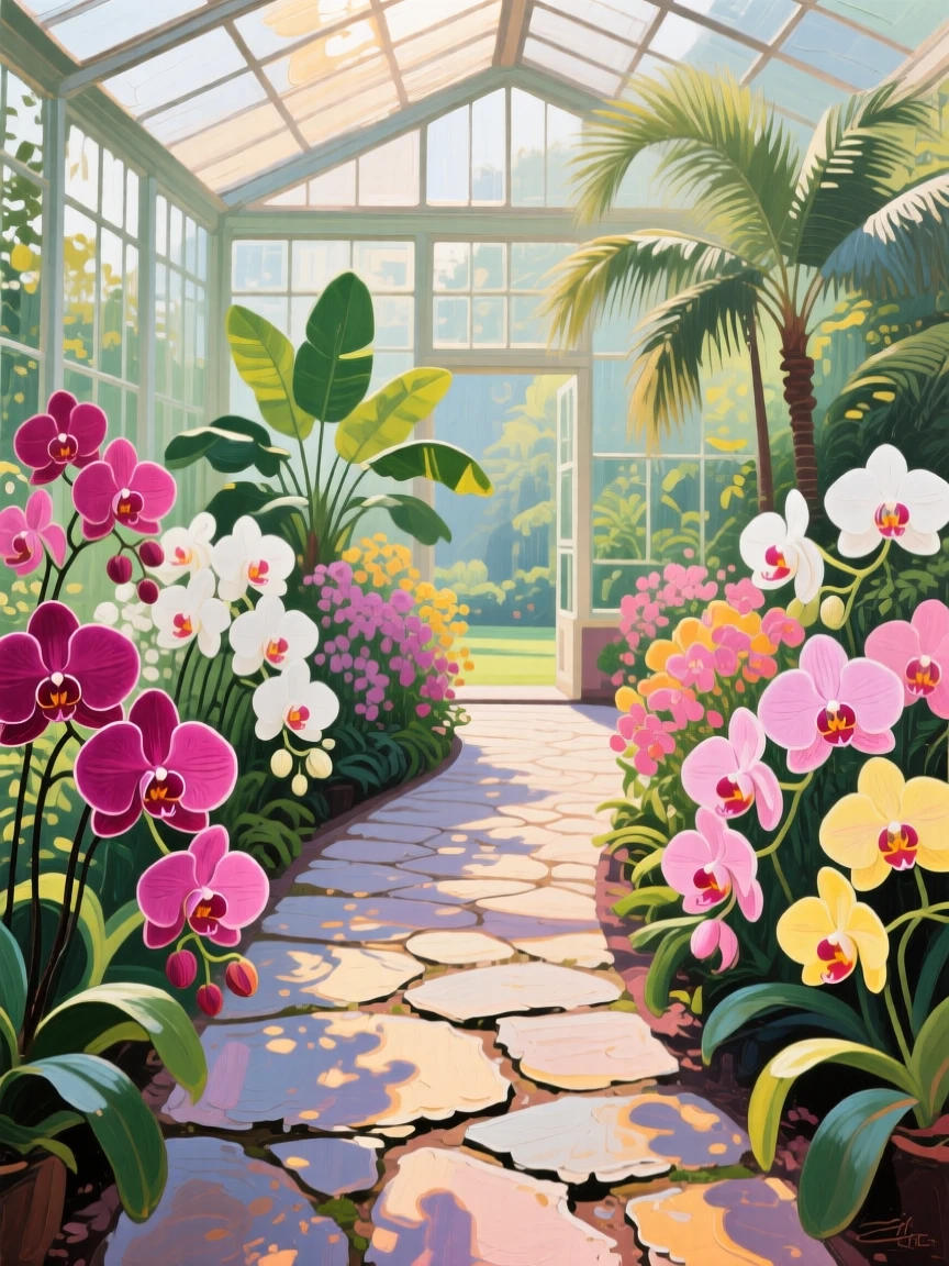 a conservatory path lined with orchids, in soft morning light, with a balanced, spacious view of the surroundings.