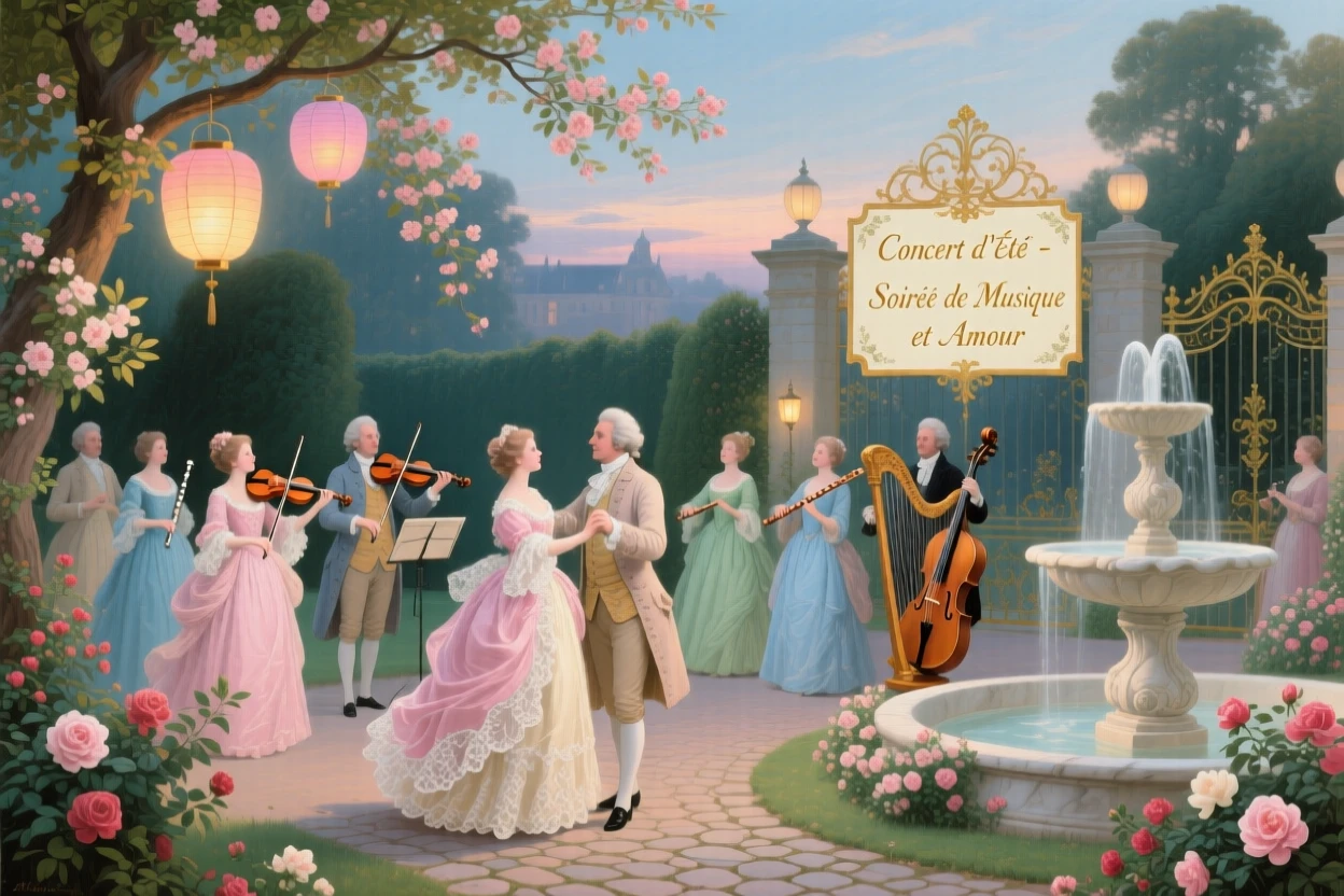 A summer evening garden concert beneath glowing lanterns  