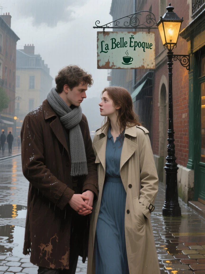 A young couple sharing a quiet, tender moment on a rain-soaked city street, framed closely to draw focus to their heartfelt expression, capturing a universal, deeply human moment of emotion
