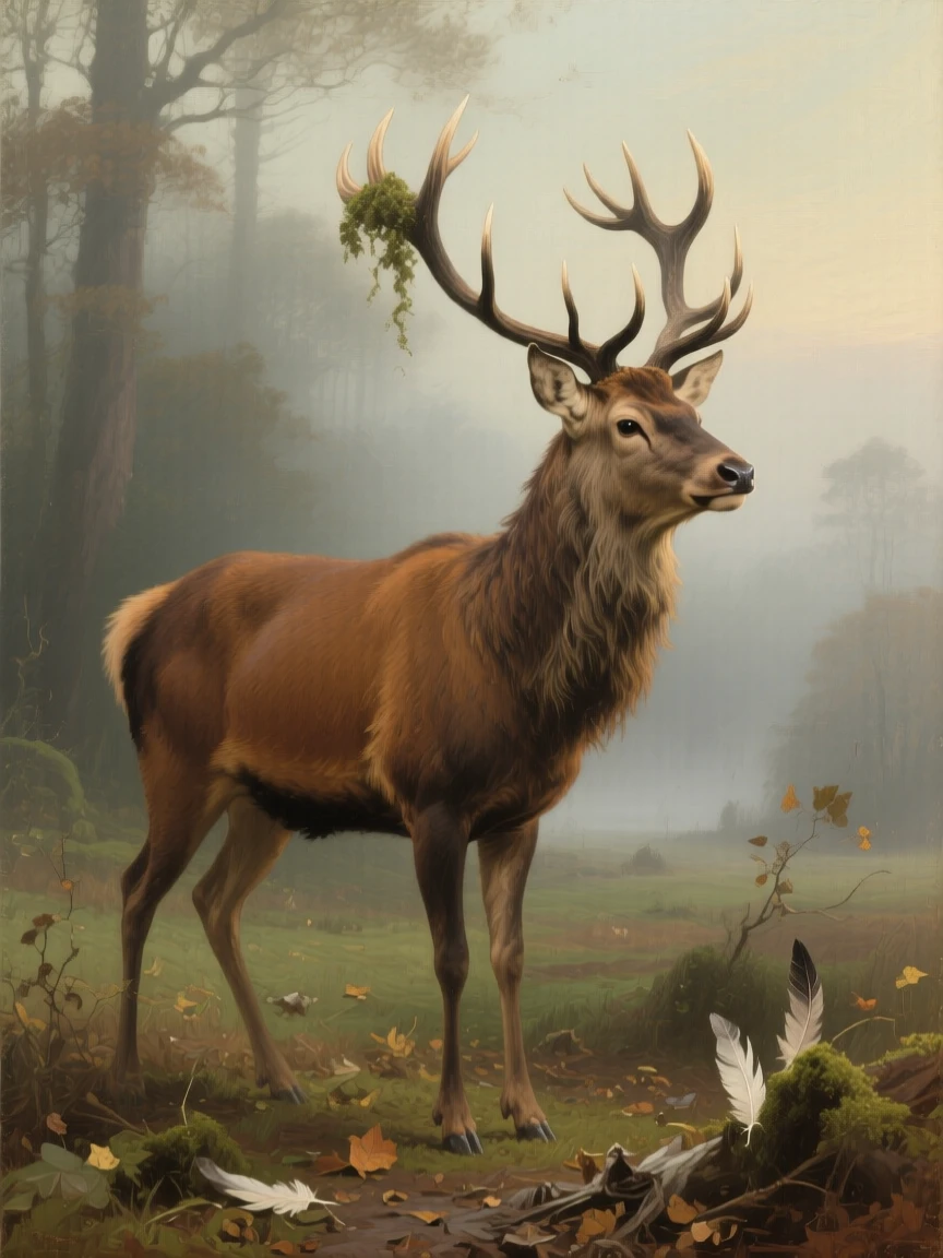 A majestic stag standing alert at the edge of a misty forest clearing captured in a moment of wild grace and quiet power, set within an untouched wilderness far from human hands, with feathers, fur, or manes catching the light in fine, luminous detail; soft depth of field isolates the animal against a dreamlike backdrop, filled with gentle warmth and admiration for living creatures.
