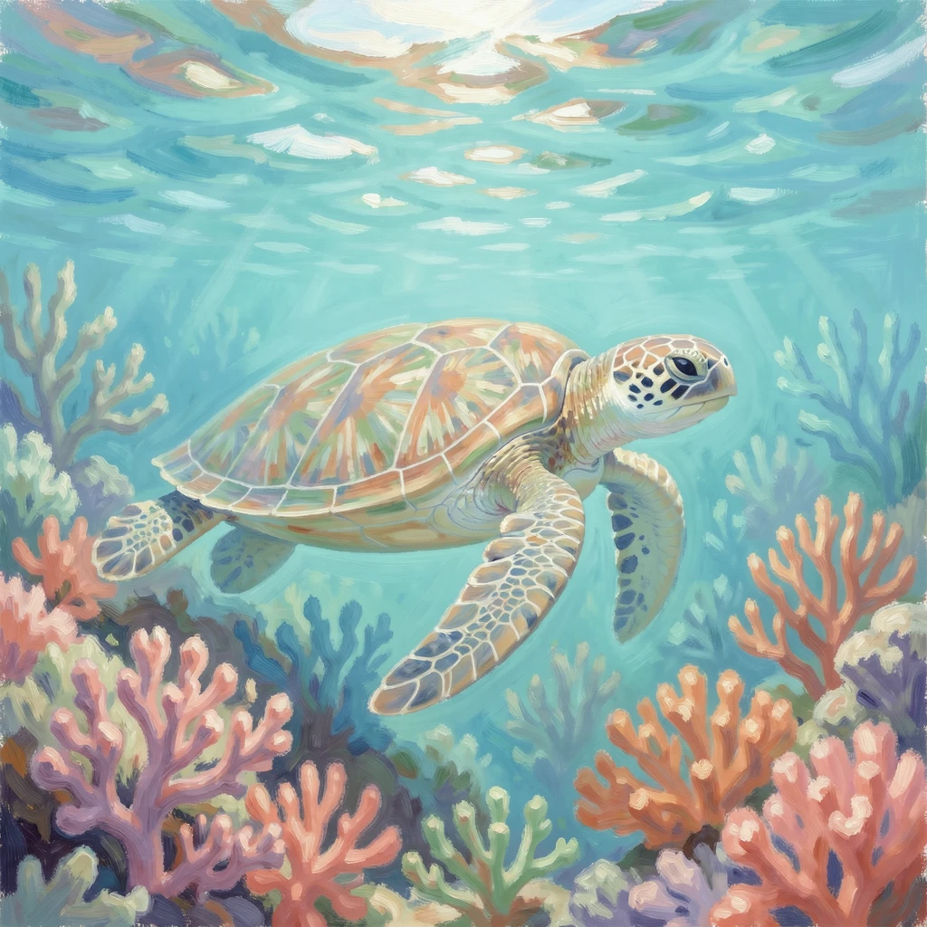 A sea turtle gliding gracefully through crystal-clear turquoise water above a coral reef.