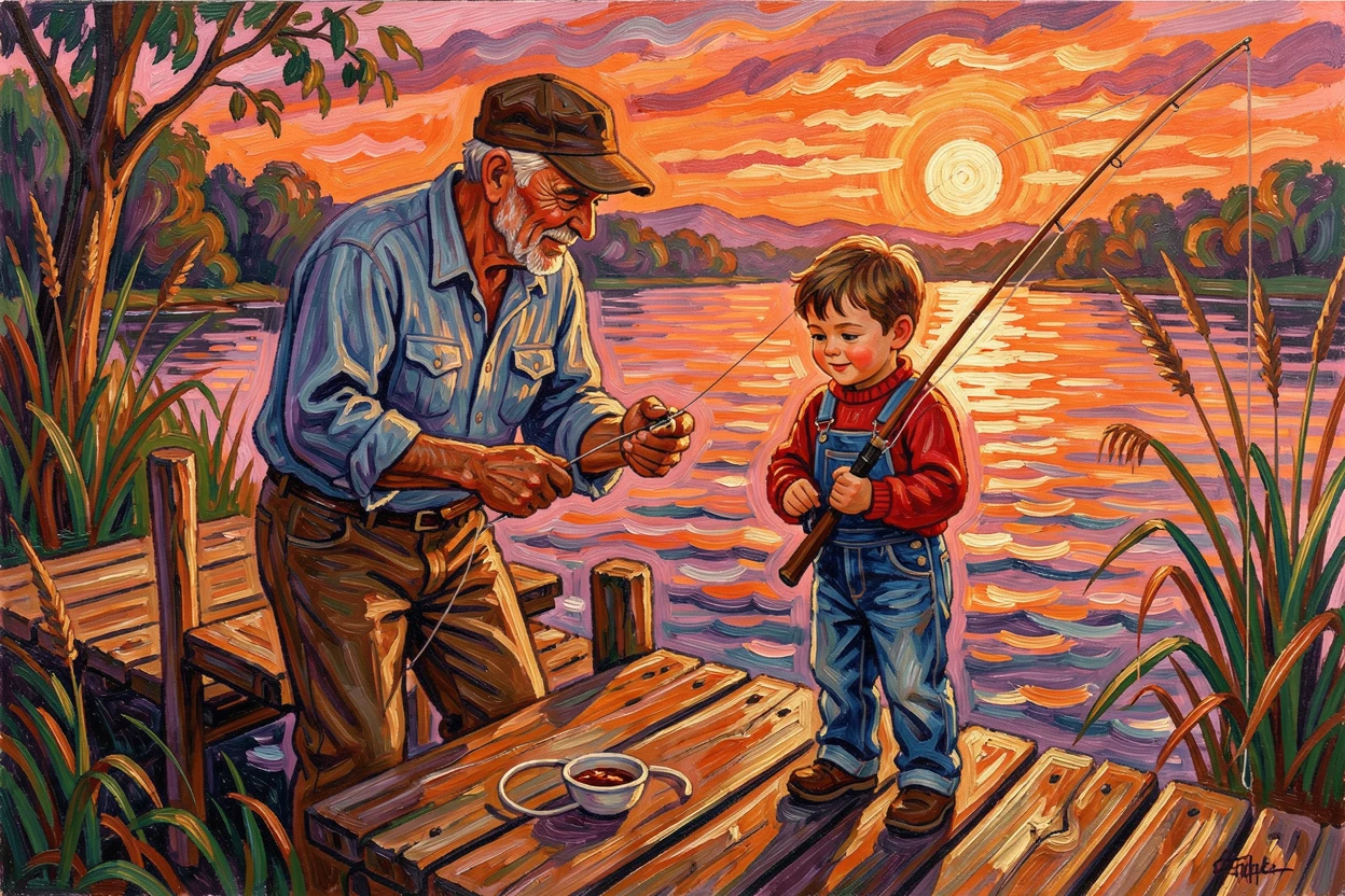 A proud grandfather teaching his grandson to fish from a wooden dock at sunrise.