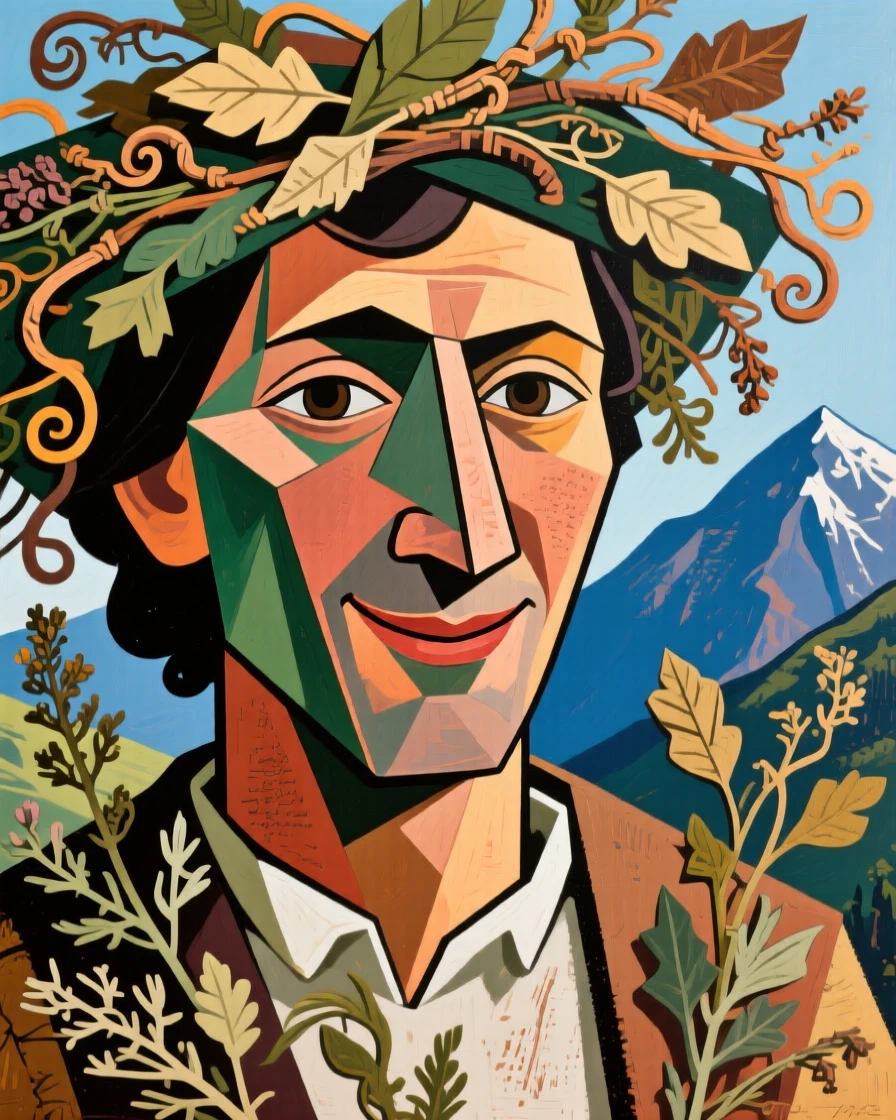 An intimate close-up of a mountain shepherd smiling gently under a canopy of drying herbs.