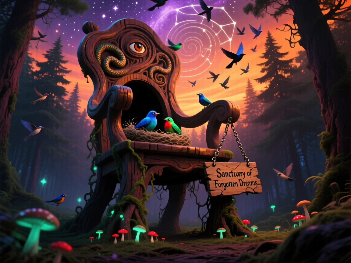 A giant wooden chair towering over a small forest of pine trees stands quietly as tiny birds nest inside its curves, as birds circle curiously around its towering form.