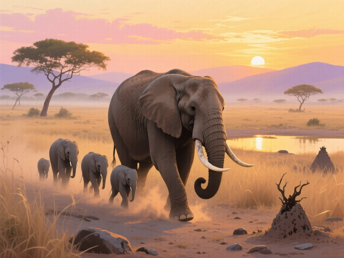 A family of African elephants crosses a dusty savanna at dawn, the matriarch leading her calves toward a distant watering hole under a golden sky, the surrounding habitat rendered in enough detail to suggest a specific time and place.