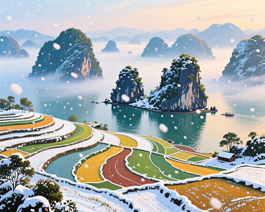 Ha Long Bay's limestone islands emerging from morning fog, as the first snow of winter begins to fall, terraced fields spreading out below