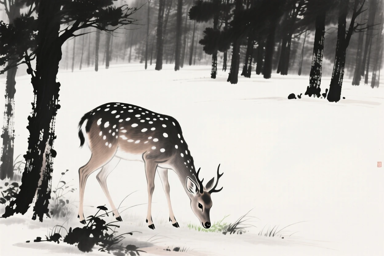 A spotted deer grazes quietly at the edge of a forest clearing, with the forest quiet and still around them.