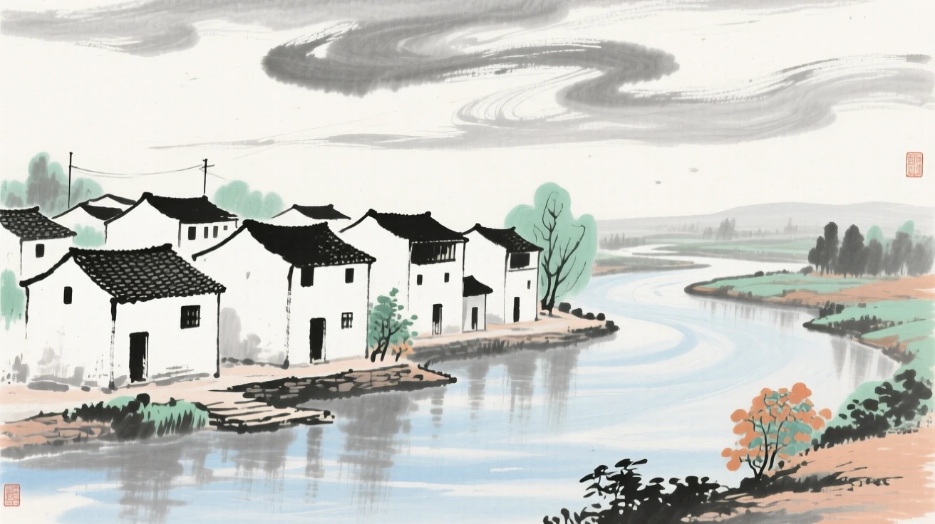 A cluster of whitewashed village houses beside a slow river, under a sky streaked with clouds.