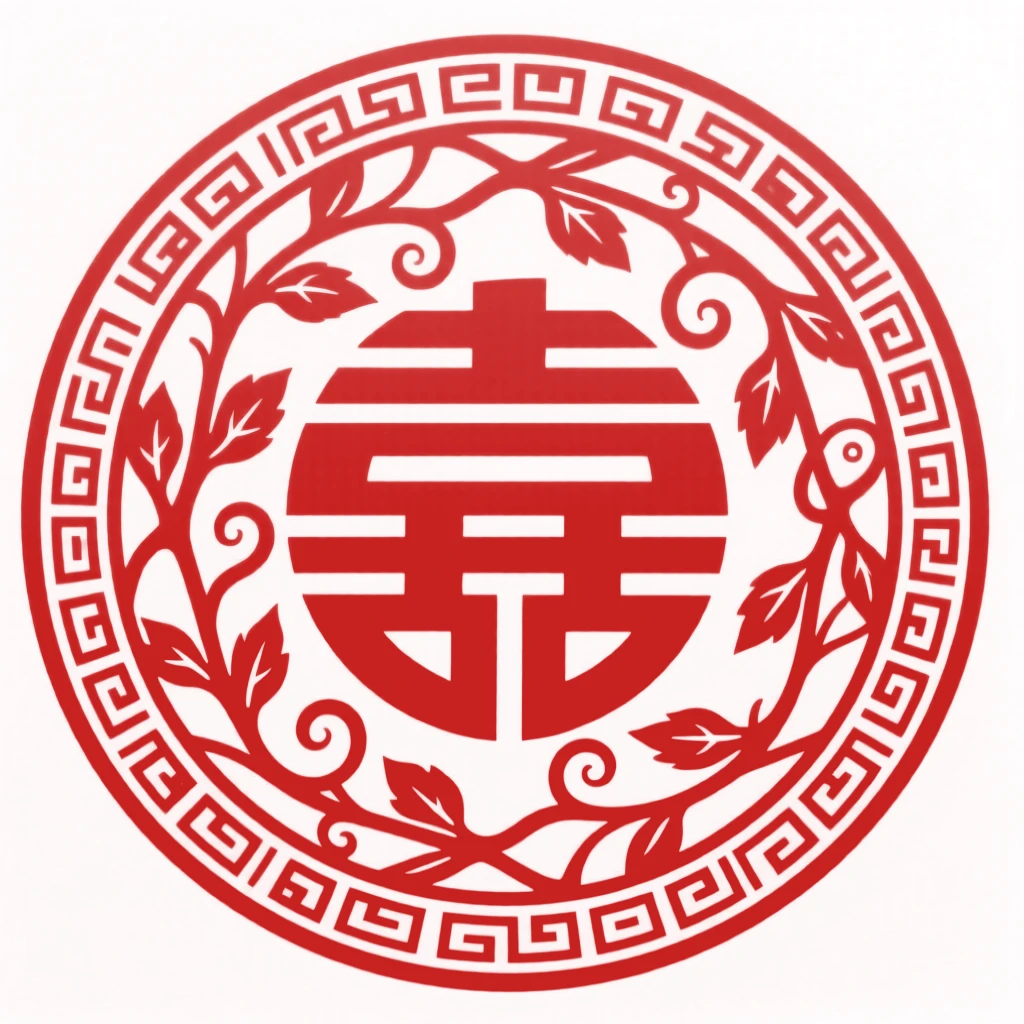 A design of a circular medallion featuring scrolling vines framing a central shou character, bordered by a fine repeating key-fret pattern.