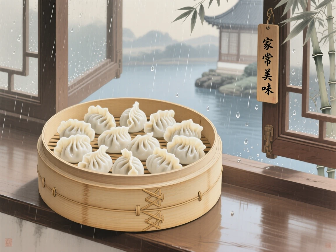 A bamboo steamer basket filled with dumplings beside an open window with rain falling outside