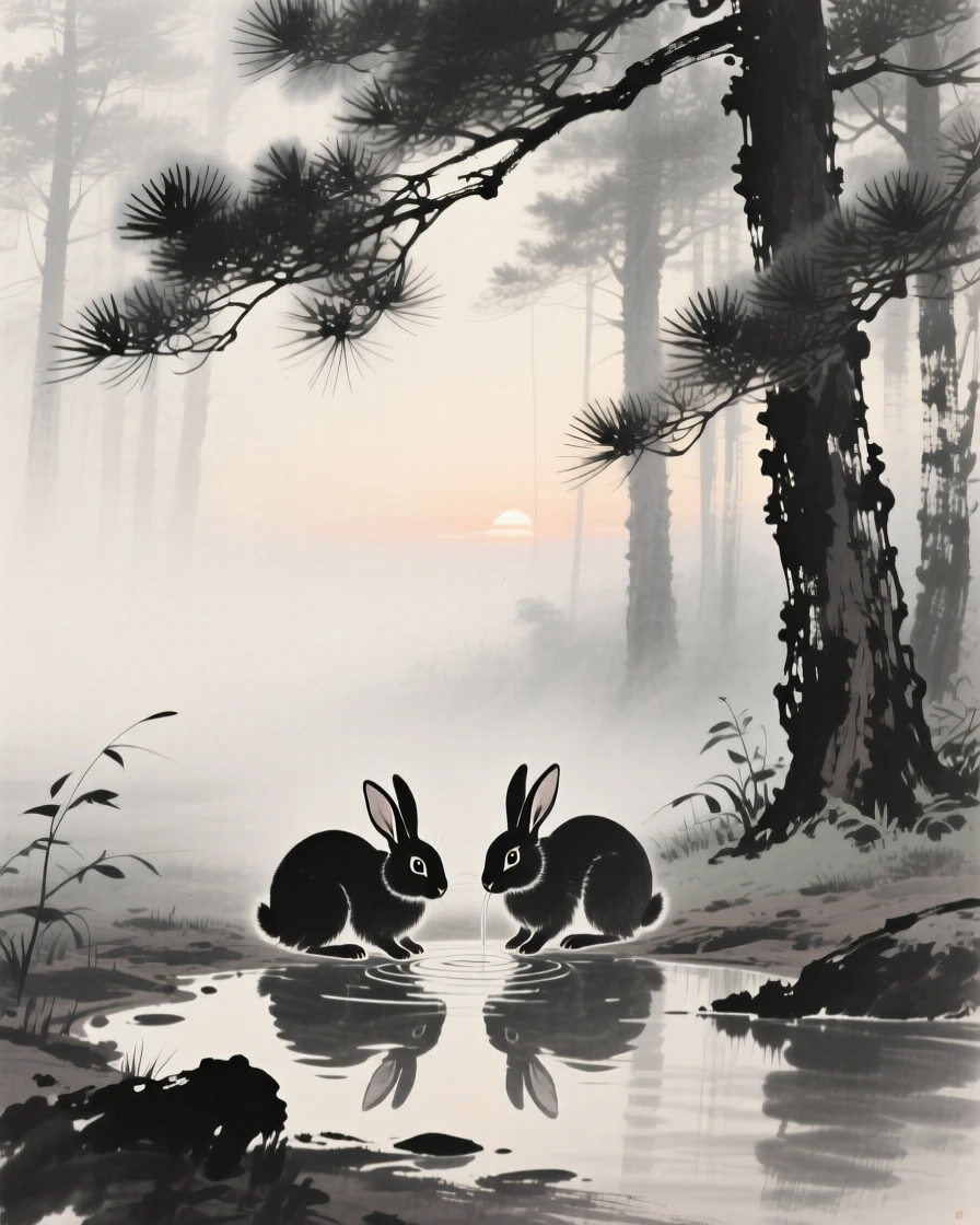 A pair of rabbits gathered near a watering hole at dawn in a misty pine forest, seen from a respectful distance within its natural surroundings, carrying a sense of quiet dignity and wildness.