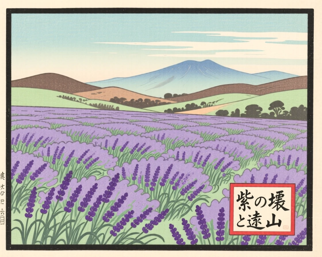 A field of blooming lavender with distant mountains fading into haze.