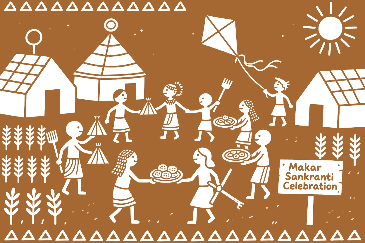 Makar Sankranti celebrated as villagers exchange sweets and gifts.