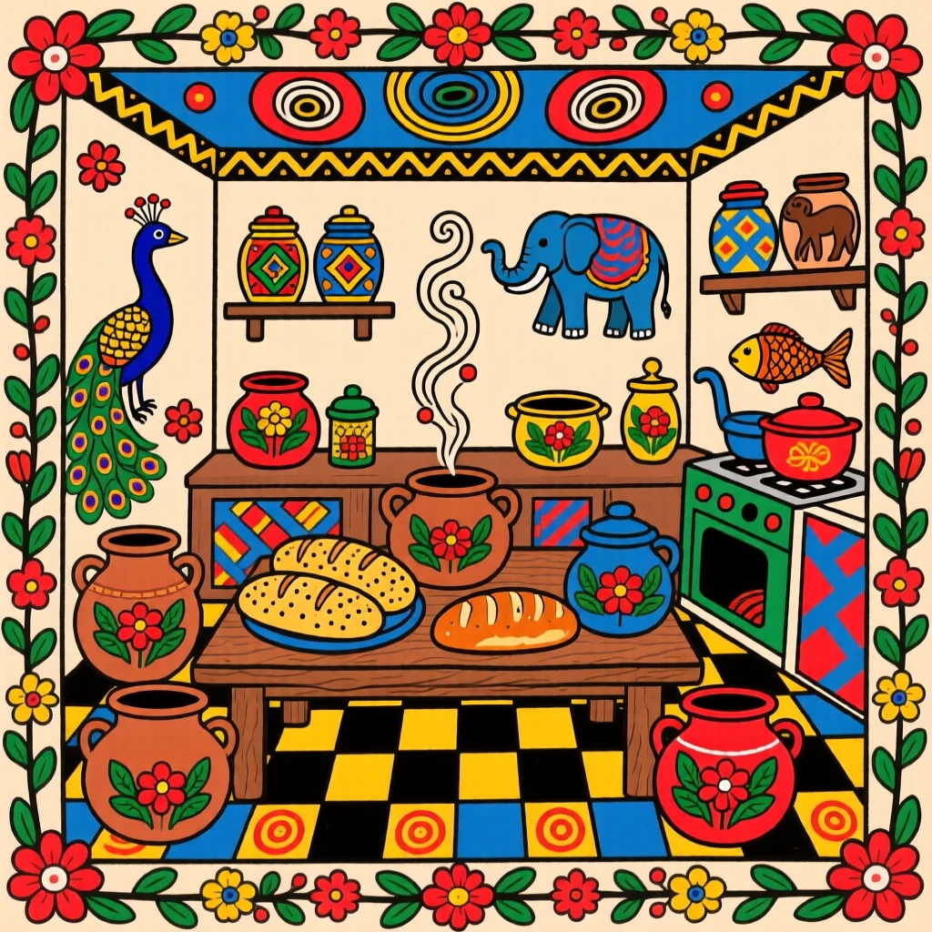 A cozy kitchen filled with the aroma of fresh bread and spices.