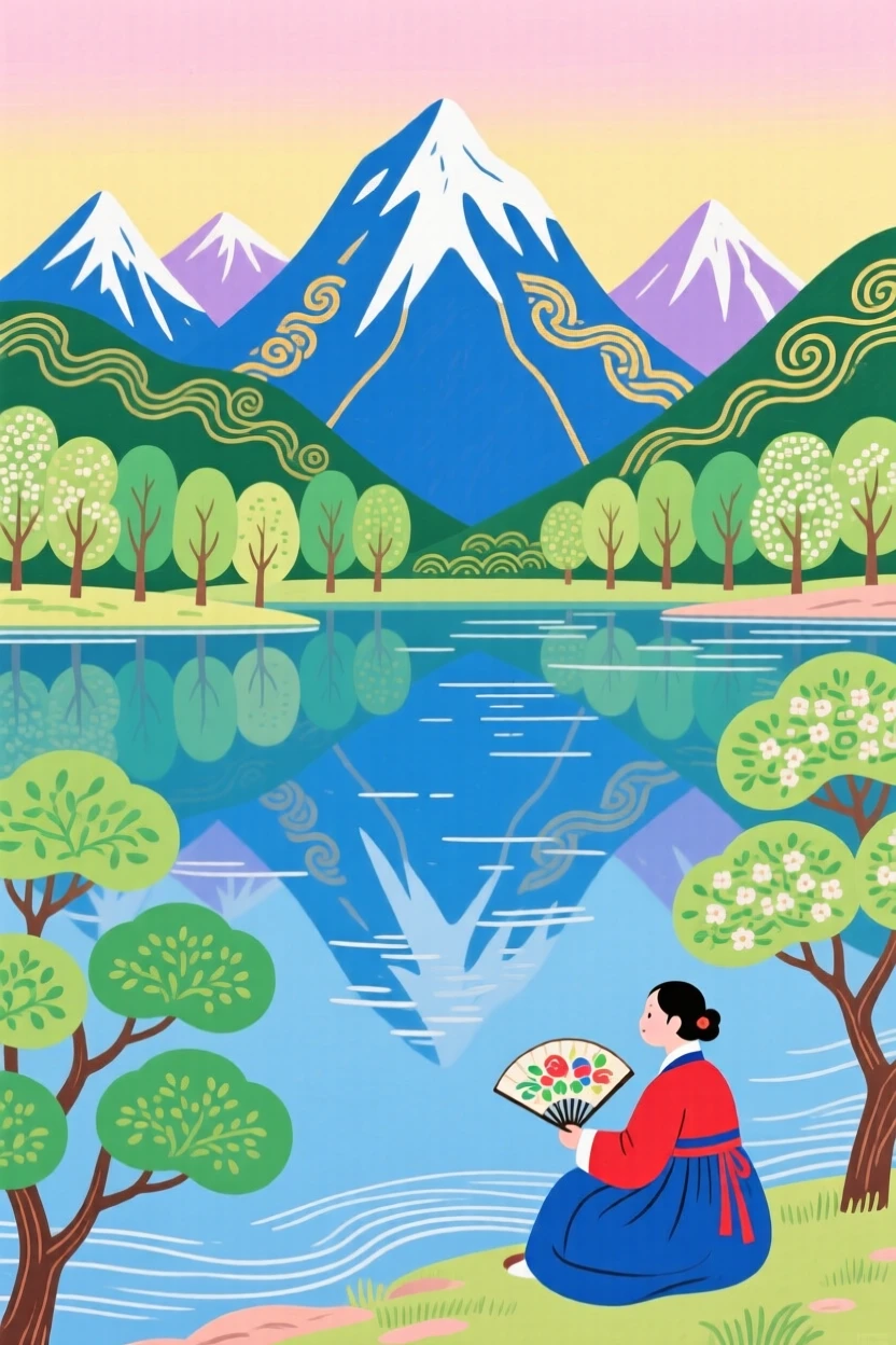 A quiet lake reflecting the mountains, in the soft light of early spring.