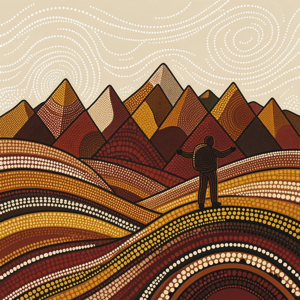 A hiker overlooking a vast mountain range over rolling hills