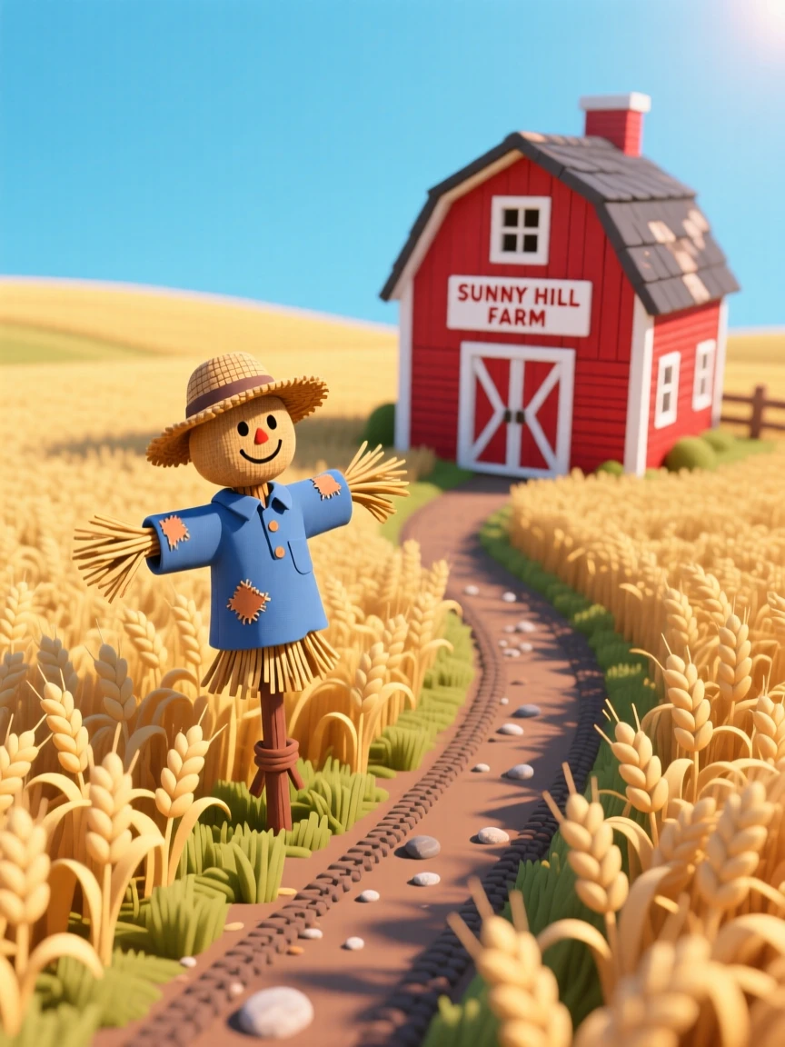 A golden wheat field swaying under a wide summer sky, a lone scarecrow standing guard, and a dirt path winding toward a distant red barn.