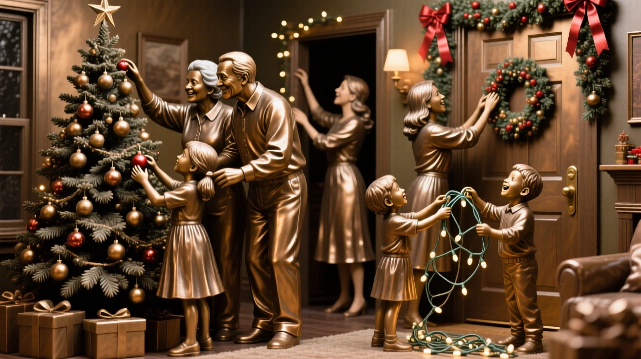 A family decorating a home for a joyous holiday, radiating heartfelt emotion and connection, celebrating shared human joy