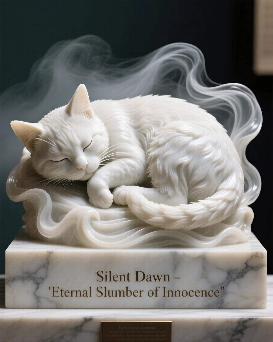 A kitten curled up asleep captured in a powerful, dignified pose amid drifting mist at dawn